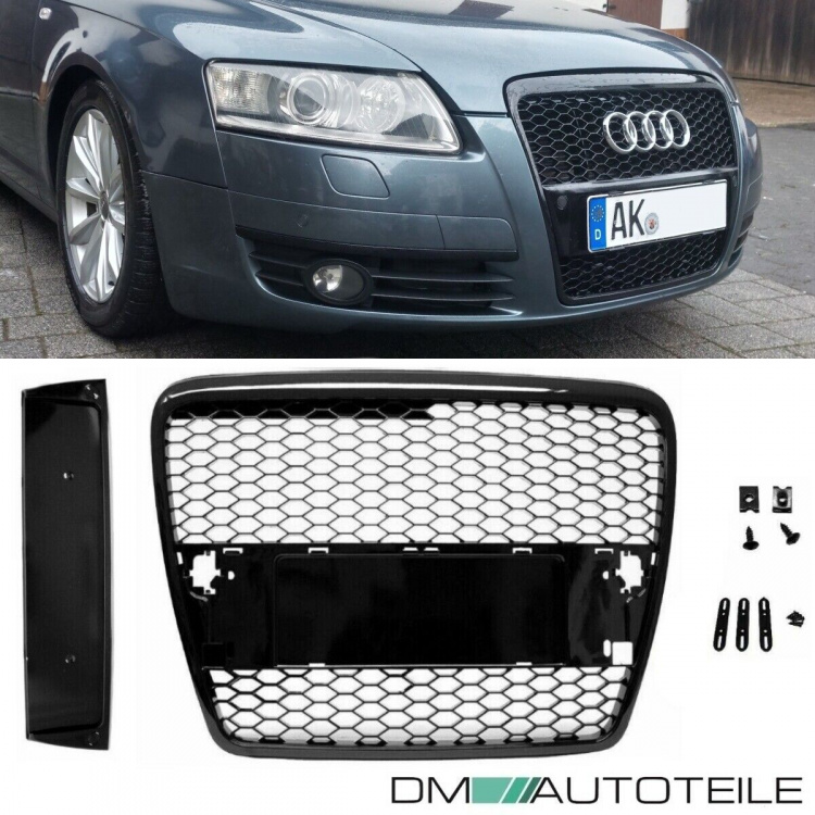 Kühlergrill Wabengrill Schwarz Hochglanz + Kennzeichenplatte passend für Audi A6 C6 4F Bj 04-09 nicht RS6