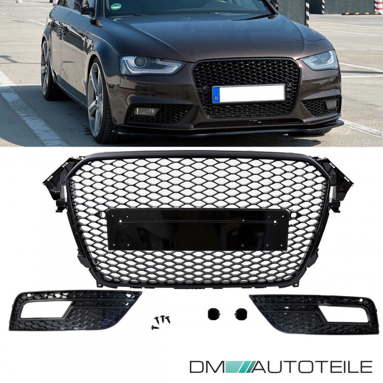 SET Kühlergrill Wabengrill + Nebelscheinwerfereinsätze geschlossen Schwarz Hochglanz für Audi A4 B8 11-15 nicht RS4