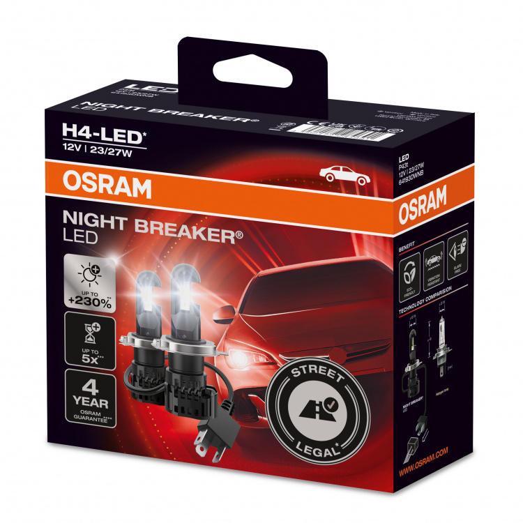 OSRAM H4 NIGHT BREAKER LED StVZO-Konforme LED-Nachrüstlampe / Leuchtmittel +230% mehr Licht Set