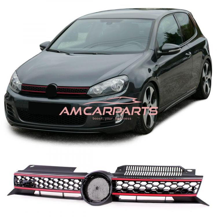 Upgrade Design Kühlergrill Rot mit Emblemhalter für VW Golf 6 GTI 2008-2014