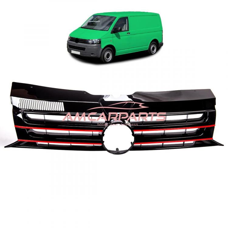 Upgrade Design Kühlergrill in Schwarz glänzend mit roten Streifen, für VW Transporter T5.1 Facelift 2009-2015