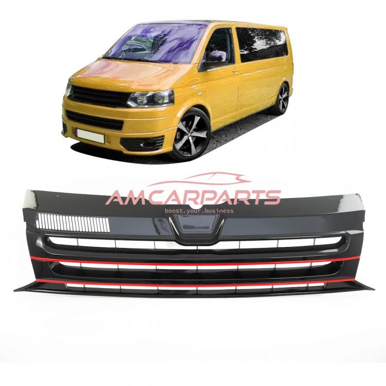 Upgrade Design Kühlergrill für Volkswagen T5 09-15 Hochglanz-schwarz mit Roter Zierleiste ohne Emblemhalter