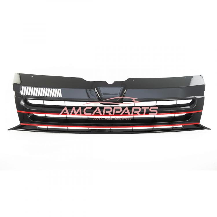 Preview: Upgrade Design Kühlergrill für Volkswagen T5 09-15 Hochglanz-schwarz mit Roter Zierleiste ohne Emblemhalter