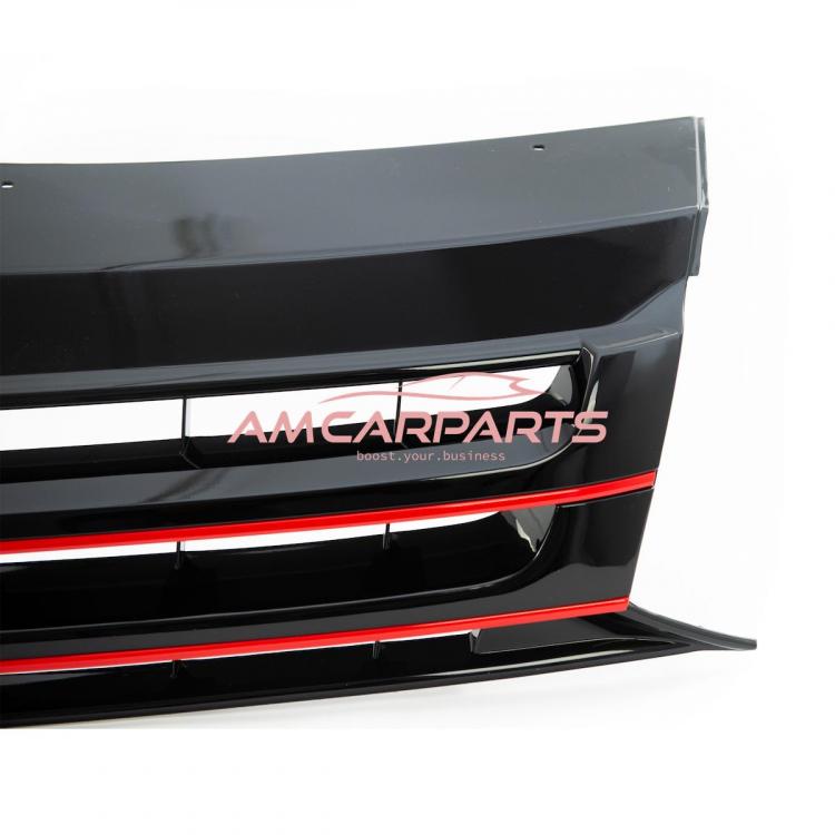 Preview: Upgrade Design Kühlergrill für Volkswagen T5 09-15 Hochglanz-schwarz mit Roter Zierleiste ohne Emblemhalter
