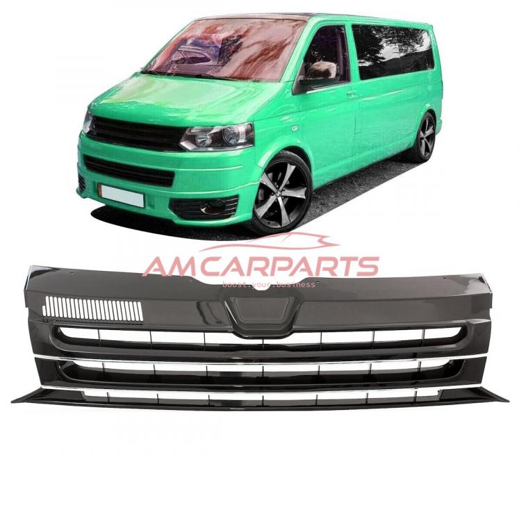 Upgrade Design Kühlergrill für Volkswagen T5 09-15 Hochglanz-schwarz mit Chrom Zierleiste ohne Emblemhalter