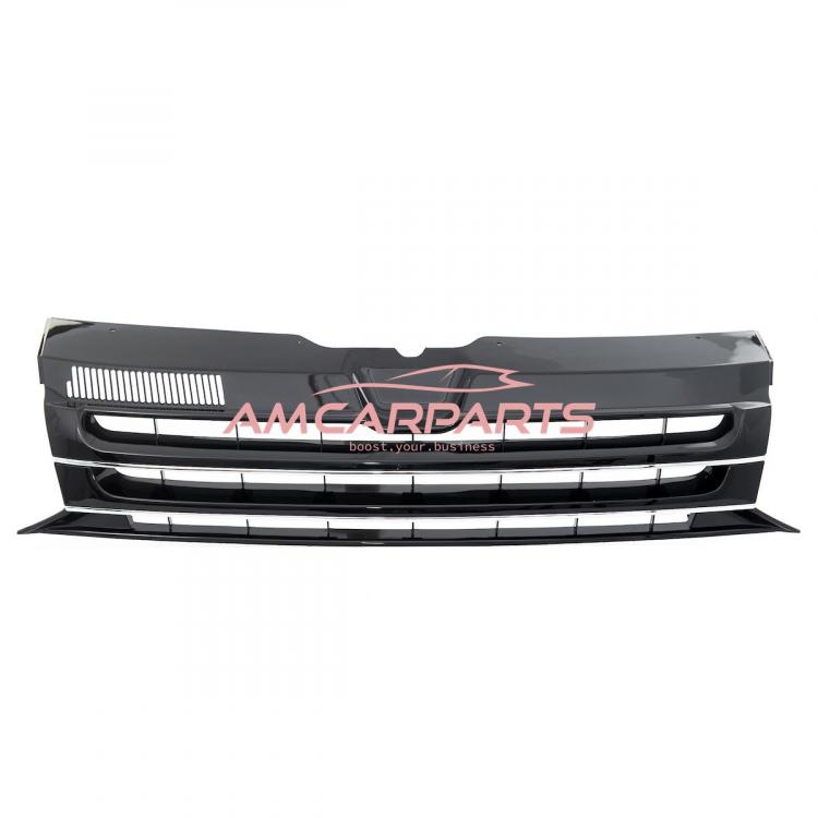 Preview: Upgrade Design Kühlergrill für Volkswagen T5 09-15 Hochglanz-schwarz mit Chrom Zierleiste ohne Emblemhalter