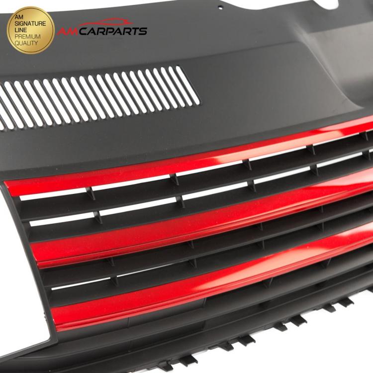 Preview: Upgrade Design Kühlergrill Schwarz mit roten Zierstreifen ohne Emblemhalter für VW T6 2015-2019