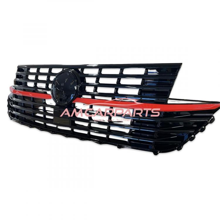 Upgrade Design Kühlergrill Schwarz glänzend mit roten Zierstreifen und Emblemhalter für VW T6.1 Multivan 2019-2024