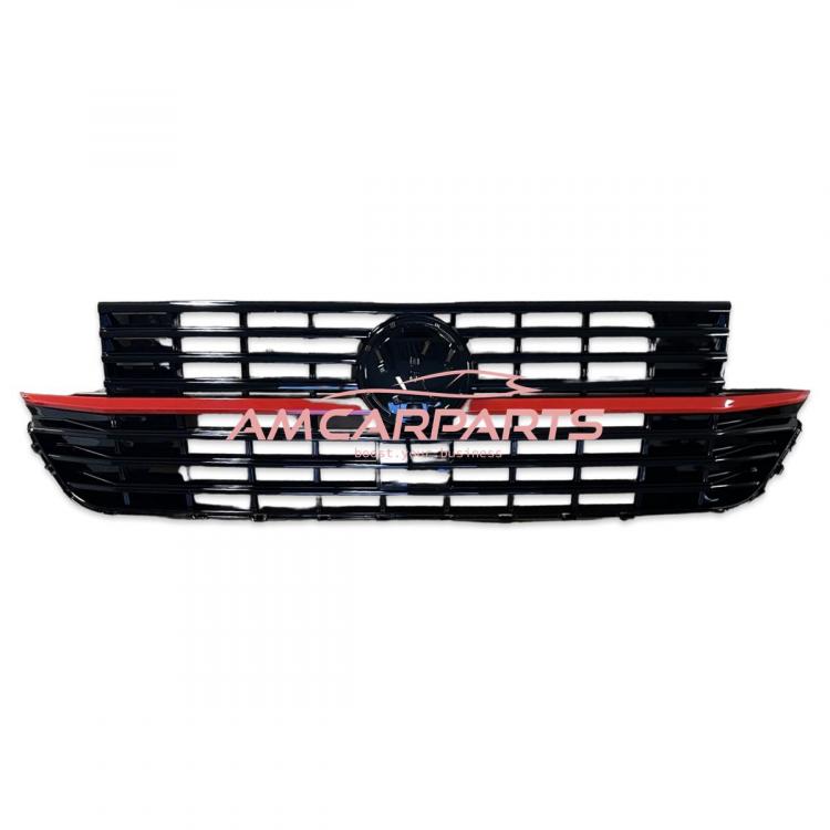 Preview: Upgrade Design Kühlergrill Schwarz glänzend mit roten Zierstreifen und Emblemhalter für VW T6.1 Multivan 2019-2024