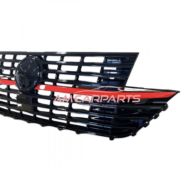 Preview: Upgrade Design Kühlergrill Schwarz glänzend mit roten Zierstreifen und Emblemhalter für VW T6.1 Multivan 2019-2024
