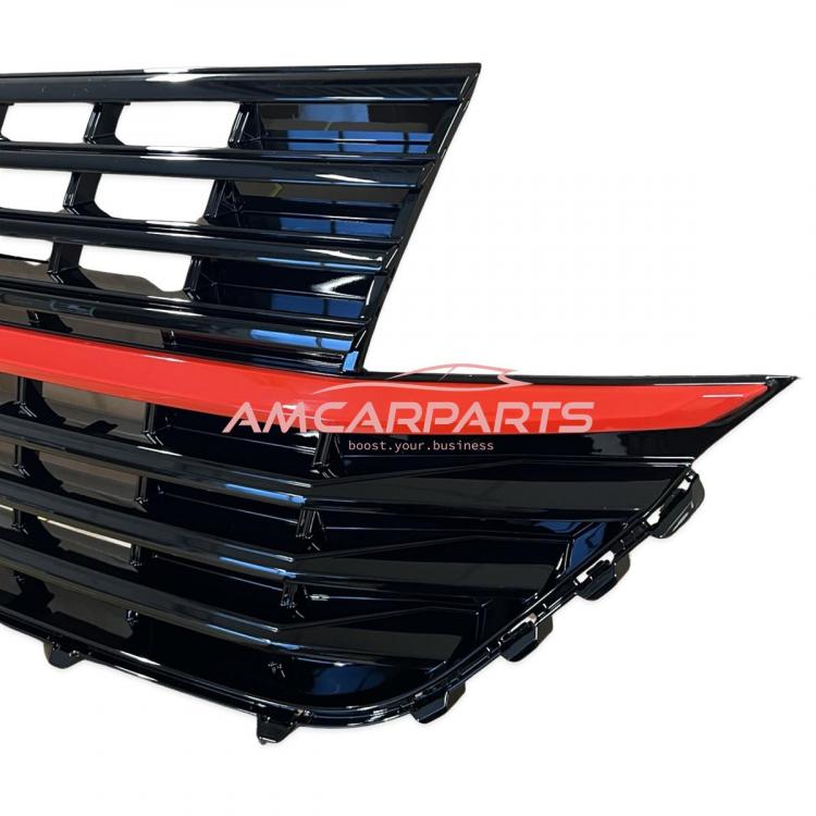 Preview: Upgrade Design Kühlergrill Schwarz glänzend mit roten Zierstreifen und Emblemhalter für VW T6.1 Multivan 2019-2024