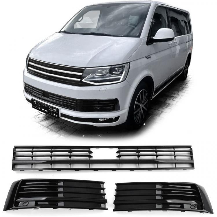 Preview: Paket-Upgrade Design Kühlergrill + Set Gitter Grill Einsatz Stoßstange vorne unten Hochglanz Schwarz-für Volkswagen T6 mit ACC 15-19 Hochglanz-schwarz