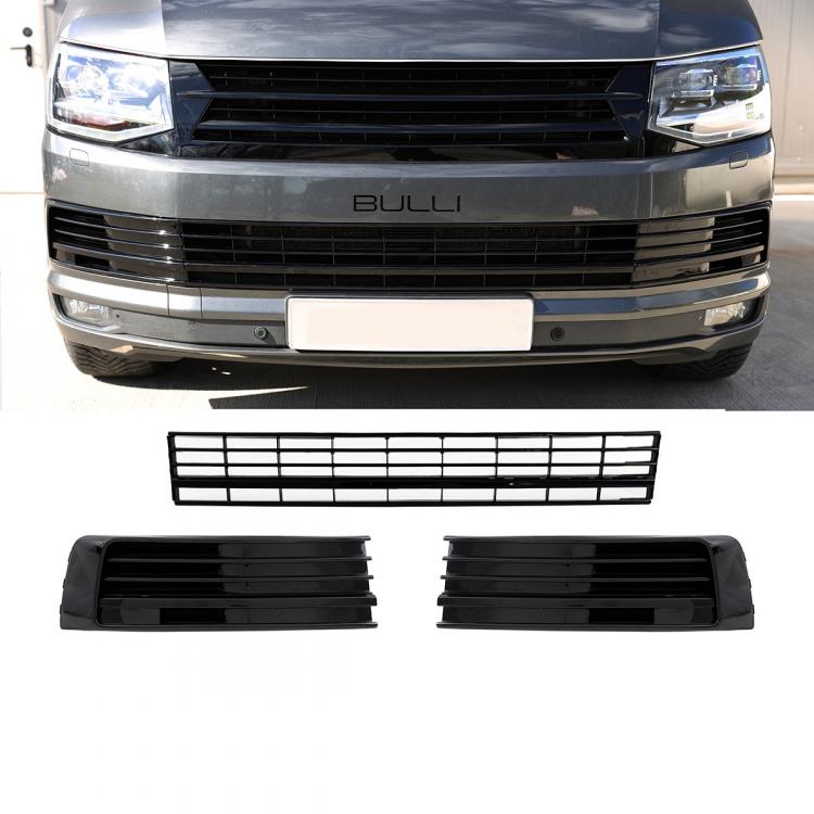 Paket-Upgrade Design Kühlergrill + Set Gitter Grill Einsatz Stoßstange vorne unten Hochglanz Schwarz-für Volkswagen T6 15-19 Hochglanz-schwarz