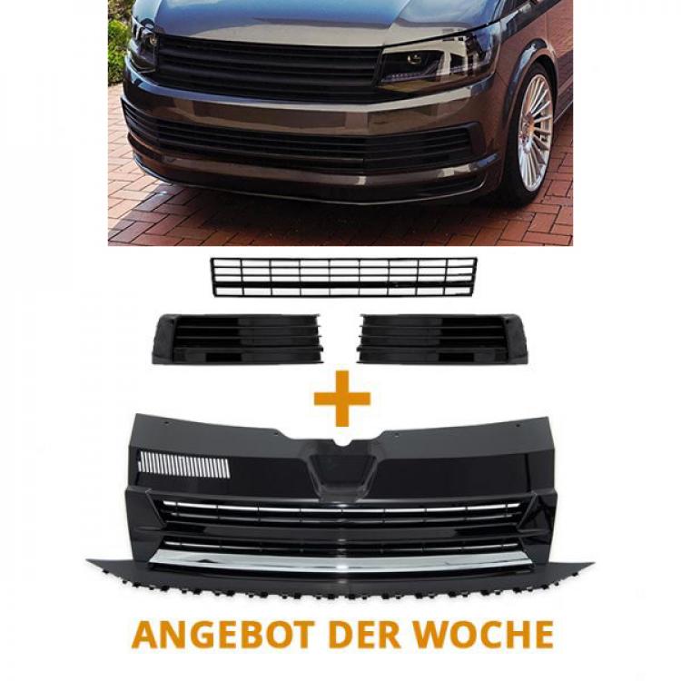 Paket-Upgrade Design Kühlergrill + Set Gitter Grill Einsatz Stoßstange vorne unten Hochglanz Schwarz-für Volkswagen T6 15-19 Hochglanz-schwarz