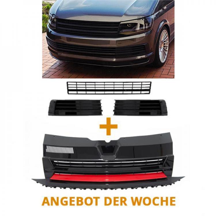 Paket-Upgrade Design Kühlergrill + Set Gitter Grill Einsatz Stoßstange vorne unten Hochglanz Schwarz-für Volkswagen T6 15-19 Hochglanz-schwarz