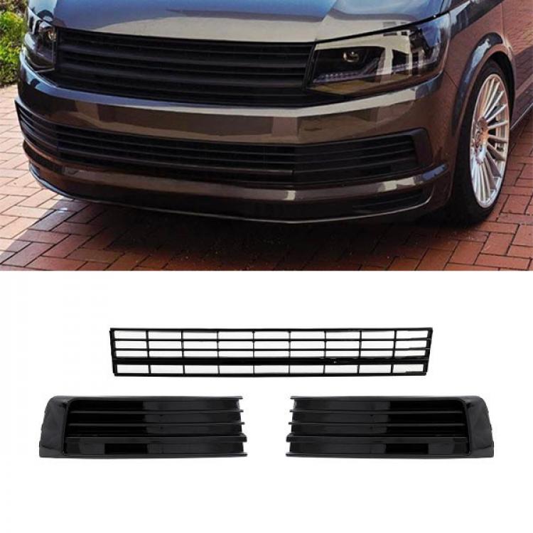 Preview: Paket-Upgrade Design Kühlergrill + Set Gitter Grill Einsatz Stoßstange vorne unten Hochglanz Schwarz-für Volkswagen T6 15-19 Hochglanz-schwarz