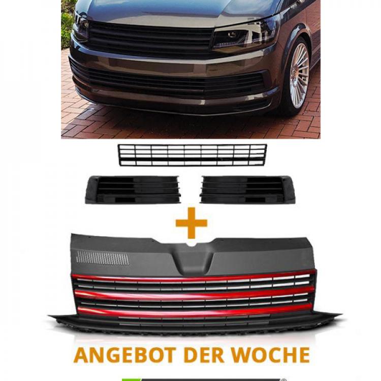 Paket-Upgrade Design Kühlergrill + Set Gitter Grill Einsatz Stoßstange vorne unten Hochglanz Schwarz-für Volkswagen T6 15-19 Hochglanz-schwarz