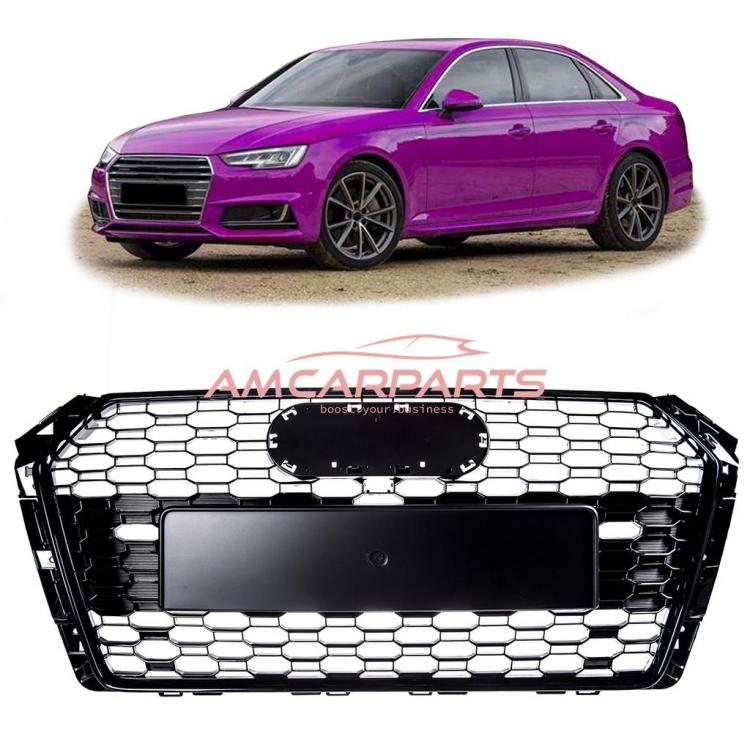 Upgrade Design Sportgrill / Kühlergrill für Audi A4 B9 (8W) 15-19 Hochglanz schwarz in Wabendesign mit Emblemhalter