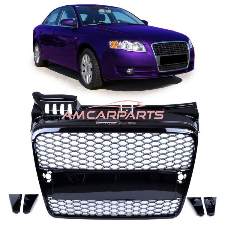 Upgrade Design Sportgrill / Kühlergrill für Audi A4 B7 05-08 Hochglanz-schwarz in Wabengitter Optik