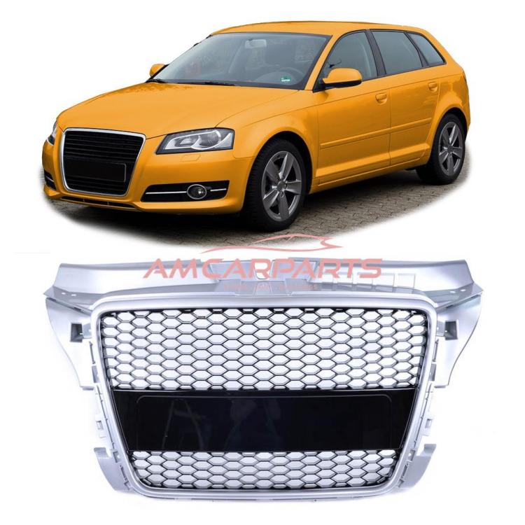 Upgrade Design Sportgrill / Kühlergrill für Audi A3 8P Facelift 08-12 Silber/Hochglanz-schwarz in Wabengitter Optik