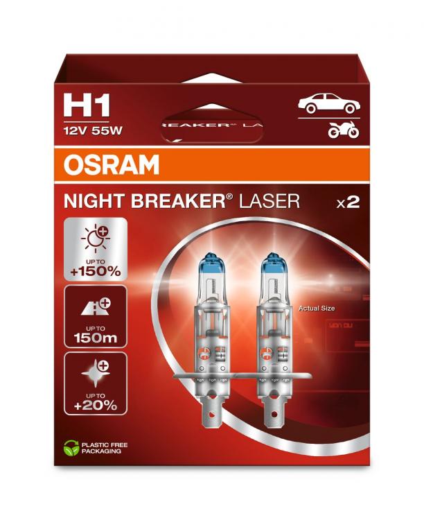 H1 12V 55W P14.5s NIGHT BREAKER® LASER +150% mehr Helligkeit 2 St. OSRAM