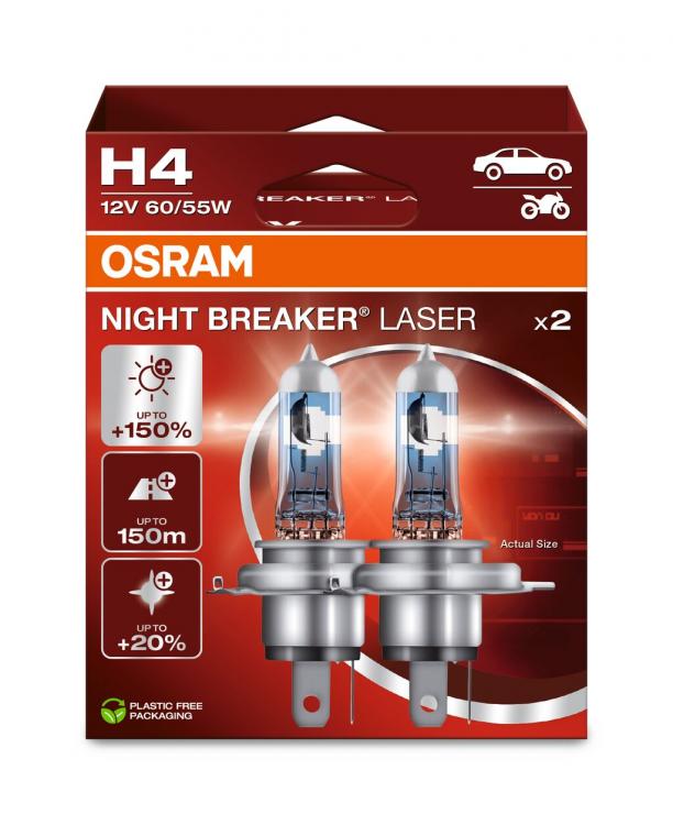 H4 12V 60/55W P43t NIGHT BREAKER® LASER +150% mehr Helligkeit 2 St. OSRAM