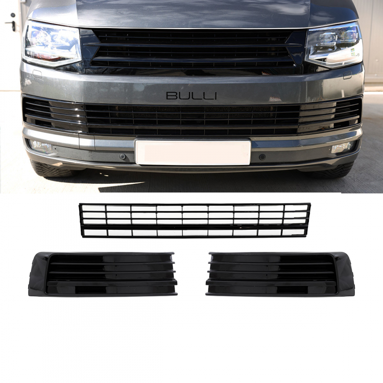 Set Gitter Grill Einsatz Stoßstange vorne unten Hochglanz Schwarz passt für VW T6 ab 2015-2019