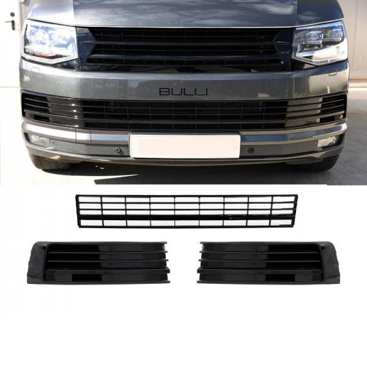 Bundle - Voll LED "Specialized" Tagfahrlicht Scheinwerfer mit LED-Blinker - Black Edition + Paket-Upgrade Design Kühlergrill + Hochglanz Schwarz + Set Gitter Grill Einsatz Stoßstange vorne unten Hochglanz Schwarz  passend für VW T6 15-19
