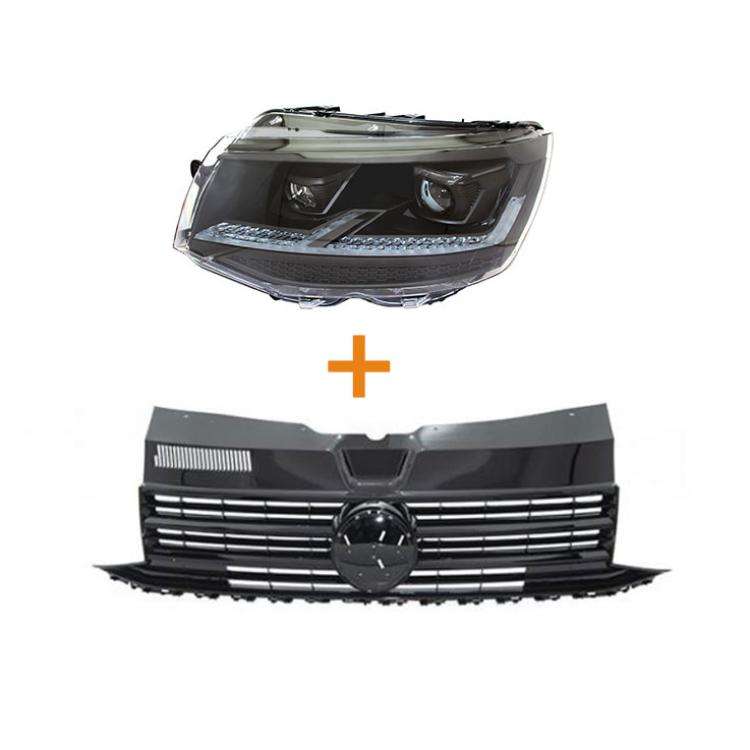 Bundle - Voll LED "Specialized" Tagfahrlicht Scheinwerfer mit LED-Blinker - Black Edition + Paket-Upgrade Design Kühlergrill + Hochglanz Schwarz passend für VW T6 15-19