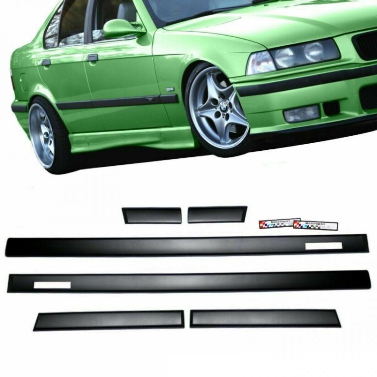 Set Türleisten Schwarz Zierleisten + Emblem Motorsport passt für BMW E36 Limousine Touring
