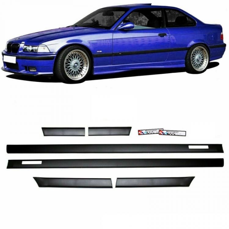 Set Türleisten Schwarz Zierleisten +Emblem Motorsport passt für BMW E36 Coupe Cabrio Serie & M-Paket