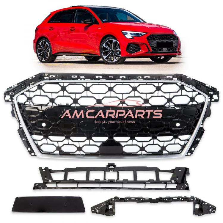 Upgrade Sportgrill / Kühlergrill für Audi A3 8Y 20+ Hochglanz Schwarz / Matt Silber in Wabendesign