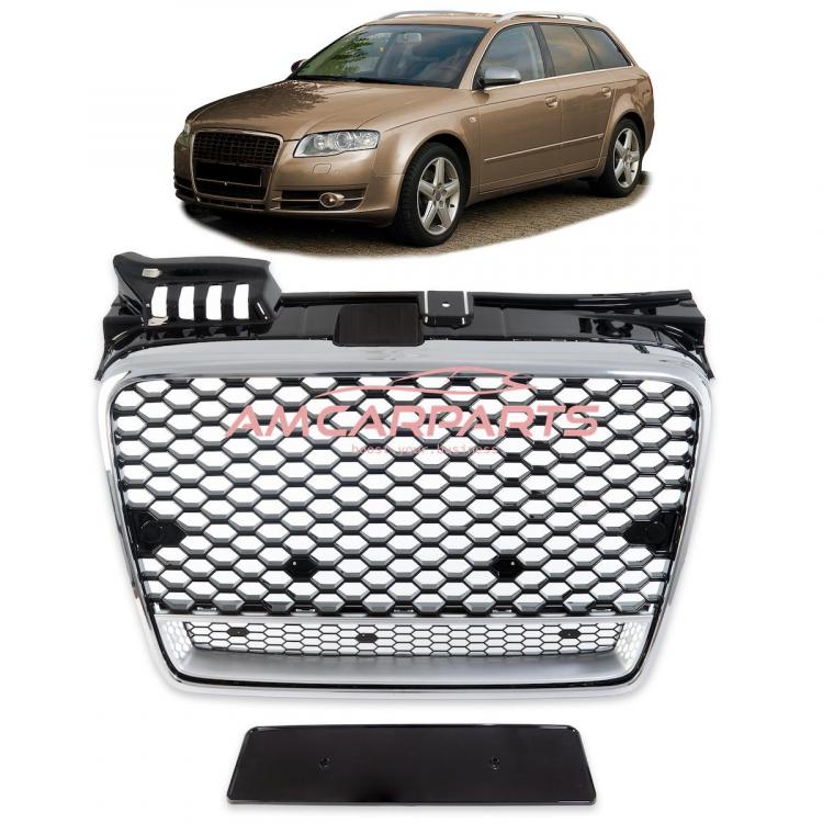 Upgrade "Plus" Sportgrill / Kühlergrill für Audi A4 B7 8E 04-07 Hochglanz Schwarz / Chrom in Wabendesign