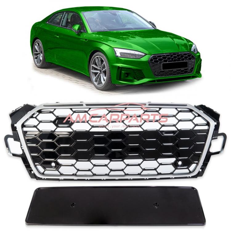 Upgrade Sportgrill / Kühlergrill für Audi A5 F5 Facelift 20-24 Hochglanz Schwarz / Matt Silber in Wabendesign