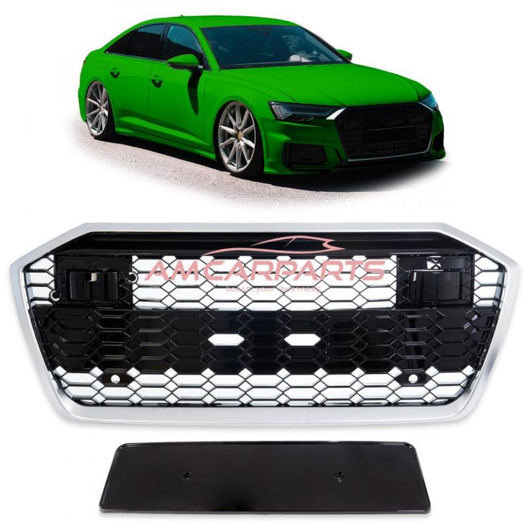 Upgrade Sportgrill / Kühlergrill für Audi A6 C8 4A 18-24 Hochglanz Schwarz / Matt Silber in Wabendesign
