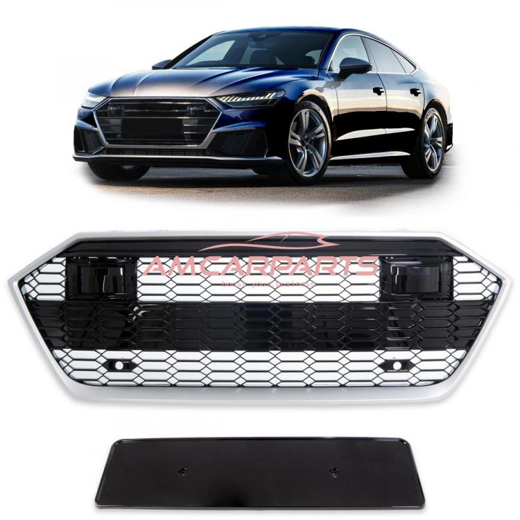 Upgrade Sportgrill / Kühlergrill für Audi A7 4K 18-24 Hochglanz Schwarz / Matt Silber in Wabendesign