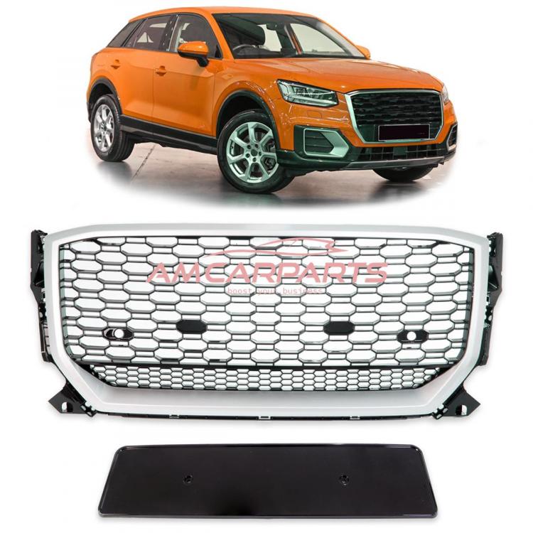 Upgrade "Plus" Sportgrill / Kühlergrill für Audi Q2 GA Vor-Facelift 16-20 Hochglanz Schwarz / Matt Silber in Wabendesign