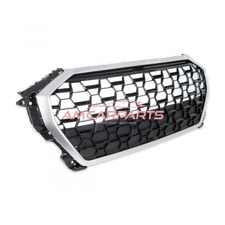 Upgrade Sportgrill / Kühlergrill für Audi Q3 F3 18+ Hochglanz Schwarz / Matt Silber in Wabendesign