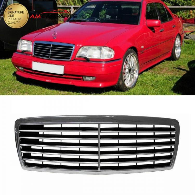 Upgrade Design Kühlergrill / Sportgrill passend für Mercedes Benz C-Klasse W202 / S202 93-00 Hochglanz schwarz / chrom