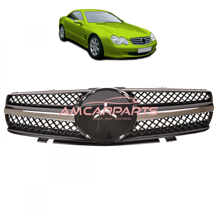 Upgrade Design Kühlergrill / Sportgrill für Mercedes SL (R230) Vor-Facelift 01-06 Hochglanz schwarz / chrom