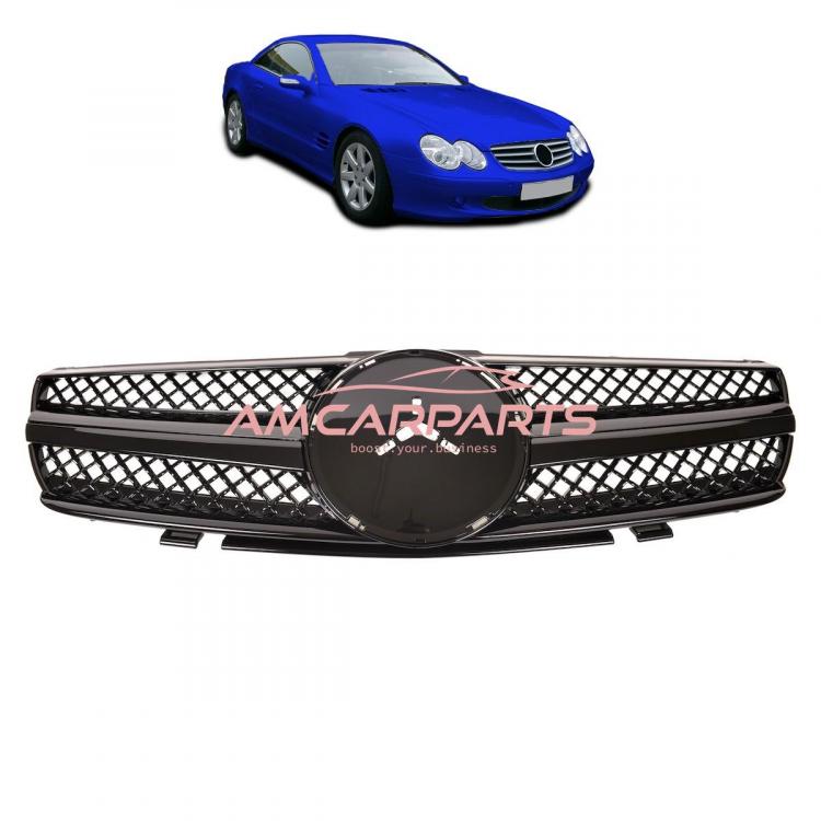 Upgrade Design Kühlergrill / Sportgrill für Mercedes SL (R230) Vor-Facelift 01-06 Hochglanz schwarz