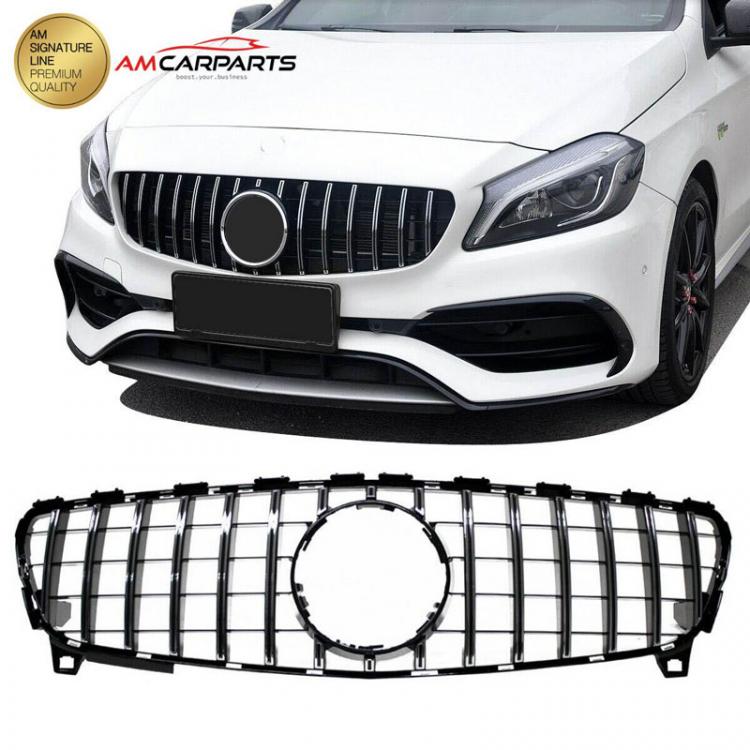 Upgrade Design Kühlergrill / Sportgrill passend für Mercedes Benz A-Klasse W176 Facelift 15-18 Hochglanz schwarz / chrom