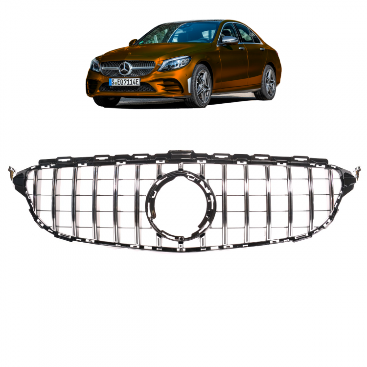 Upgrade Design Kühlergrill / Sportgrill passend für Mercedes Benz C-Klasse W205 / S205 / A205 / C205 Facelift 18-21 Hochglanz schwarz / chrom