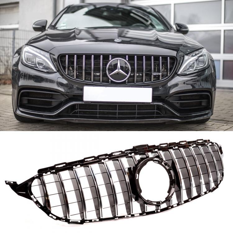 Upgrade Design Kühlergrill / Sportgrill passend für Mercedes Benz C-Klasse W205 / S205 / A205 / C205 Facelift 18-21 Hochglanz schwarz / chrom