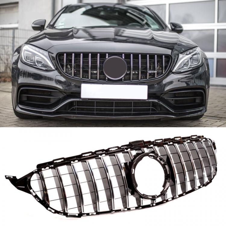 Upgrade Design Kühlergrill / Sportgrill passend für Mercedes Benz C-Klasse W205 / S205 / A205 / C205 Facelift 18-21 Hochglanz schwarz / chrom