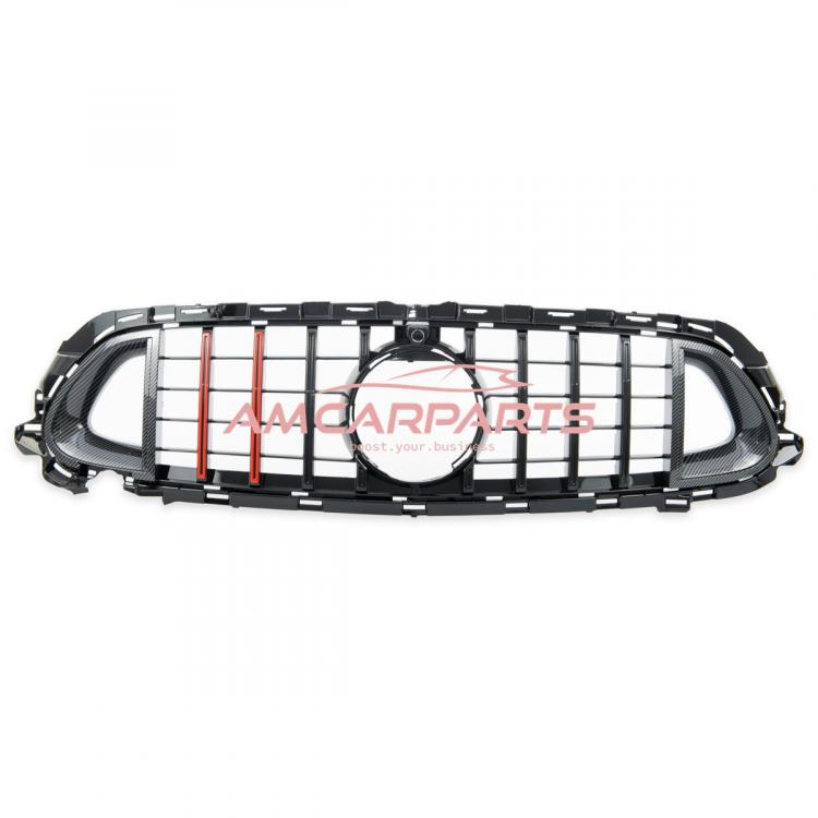 Upgrade Design Kühlergrill / Sportgrill für Mercedes Benz E-Klasse W213 / S213 / A238 / C238 Facelift 20-23 Carbon-Optik / Hochglanz schwarz + rote Akzentstreifen