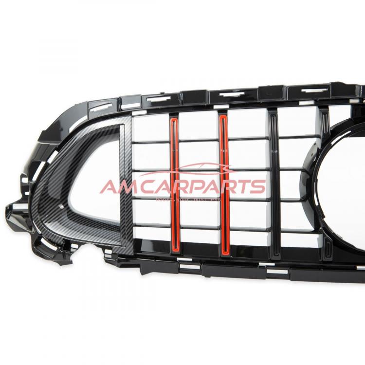 Upgrade Design Kühlergrill / Sportgrill für Mercedes Benz E-Klasse W213 / S213 / A238 / C238 Facelift 20-23 Carbon-Optik / Hochglanz schwarz + rote Akzentstreifen