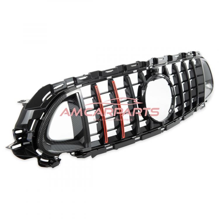 Upgrade Design Kühlergrill / Sportgrill für Mercedes Benz E-Klasse W213 / S213 / A238 / C238 Facelift 20-23 Carbon-Optik / Hochglanz schwarz + rote Akzentstreifen