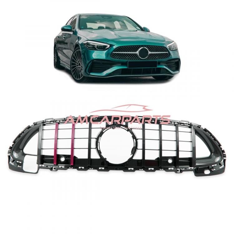 Upgrade Design Kühlergrill / Sportgrill passend für Mercedes Benz C-Klasse W206 / S206 21+ Carbon-Optik / Hochglanz schwarz + rote Akzentstreifen
