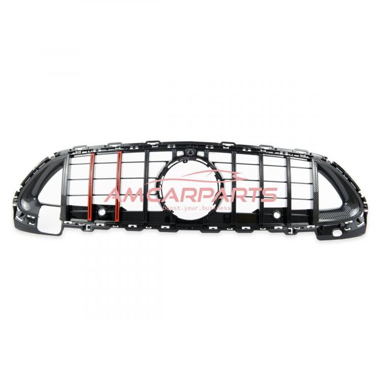 Upgrade Design Kühlergrill / Sportgrill passend für Mercedes Benz C-Klasse W206 / S206 21+ Carbon-Optik / Hochglanz schwarz + rote Akzentstreifen